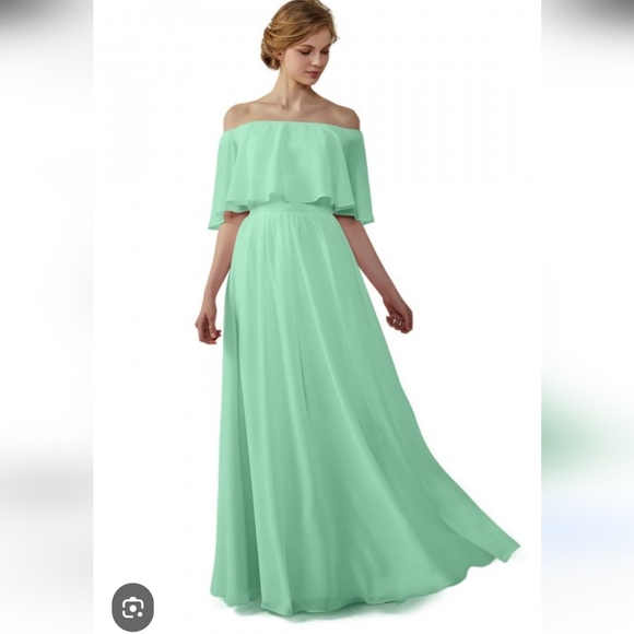 NWT JJs Housr Mint Green Off-Shoulder Chiffon Flowy Maxi Dress Long Gown Size XS - Picture 1 of 10